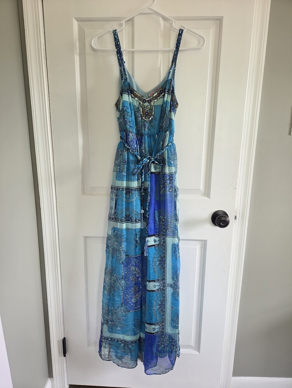 Blue Silk beaded maxi dress gown with waist tie patchwork boho stretch waist 4